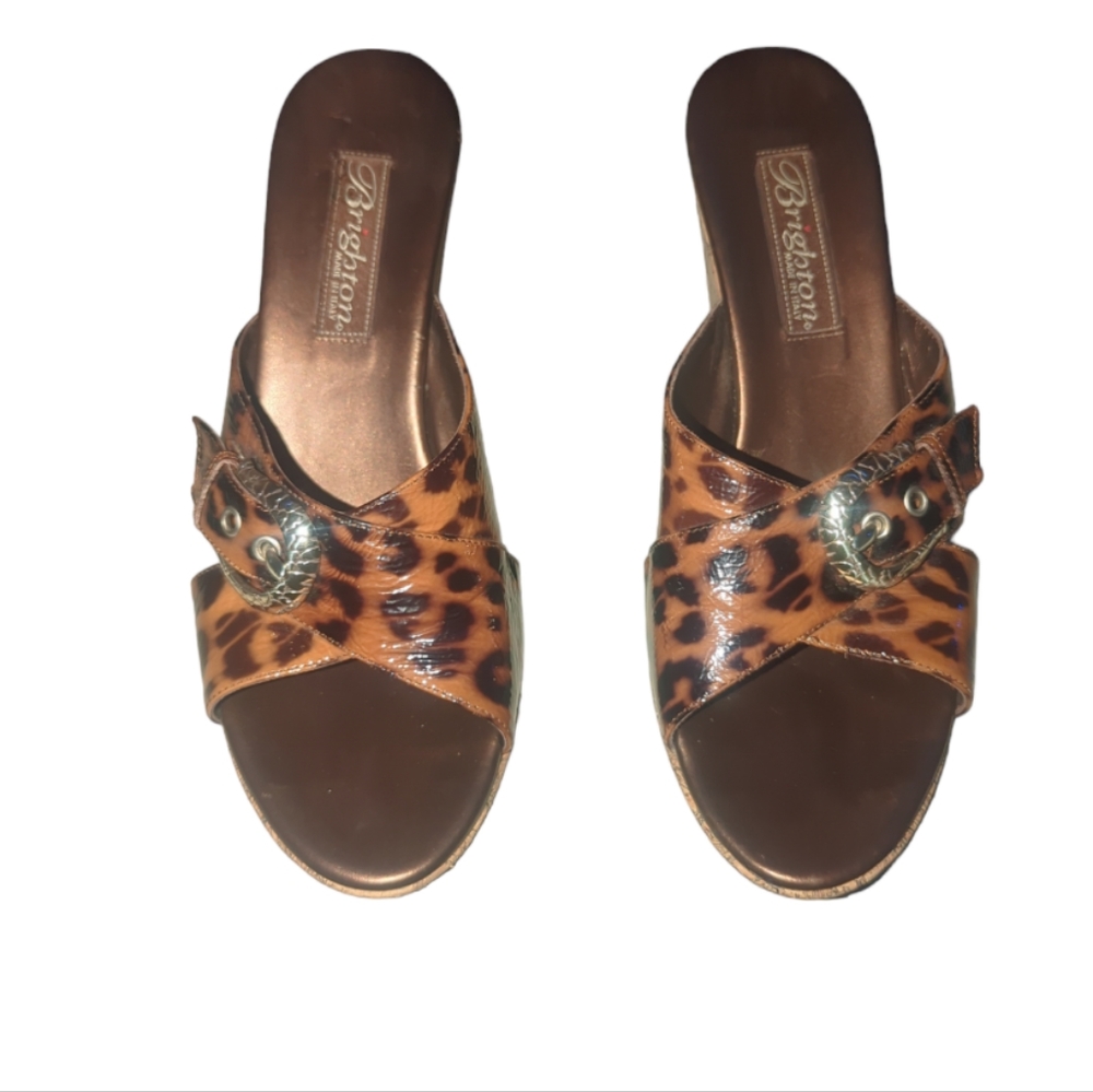 Brighton Shoes Womens M Leather Cork Platform Wedge Sandals Summer Leopard +